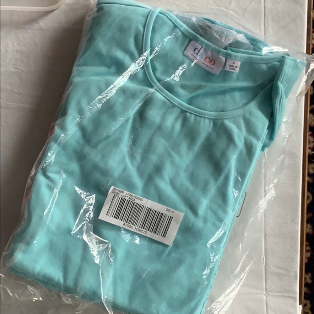 A19. Denim & Co light aqua T-shirt and skirt set.